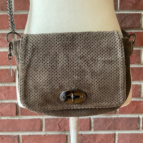 ASH Dark Taupe Leather Suede Boho Crossbody Chunky Metal Strap Bag - Picture 16 of 16